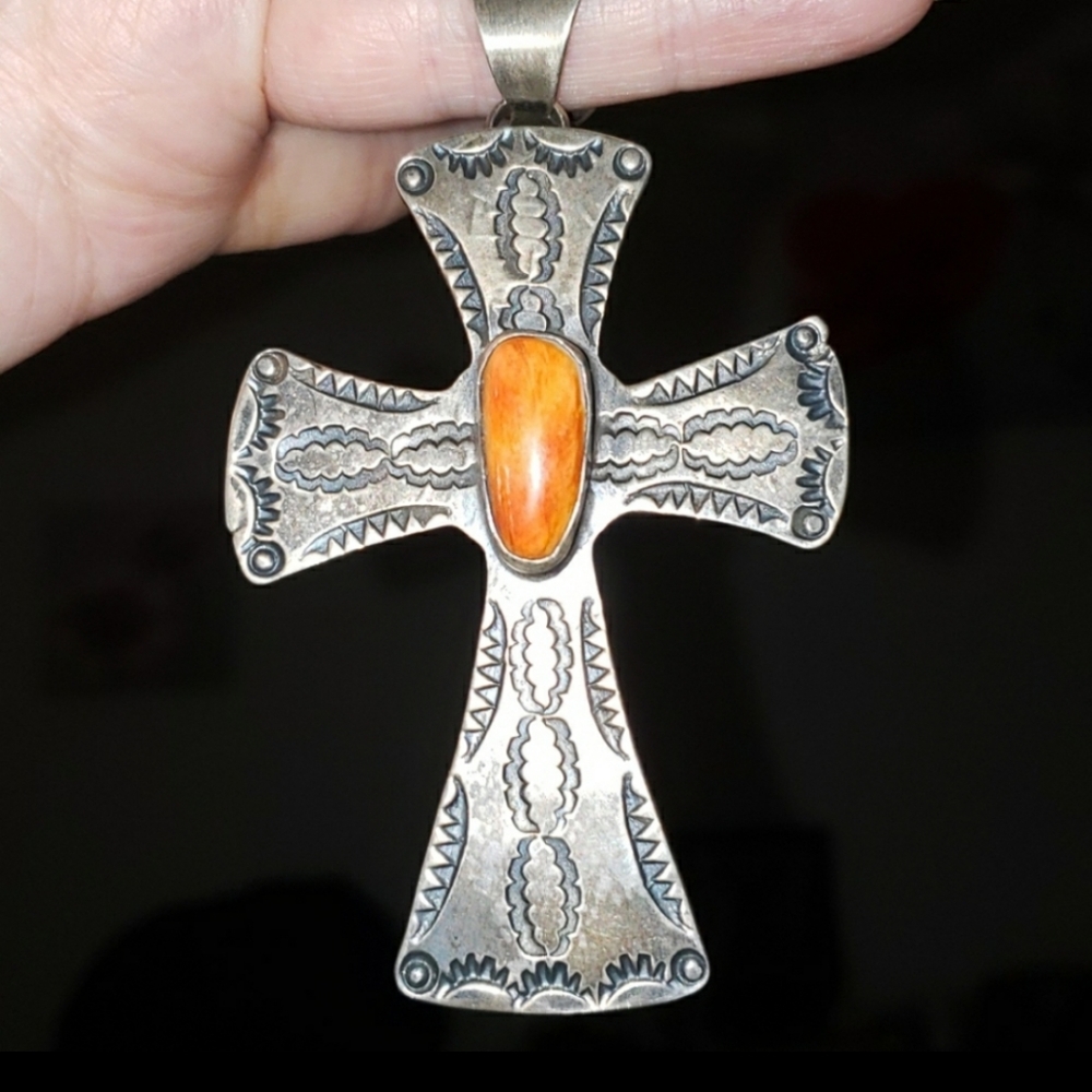 SOLD Spiny Oyster Sterling Silver 4" Cross Pendant - Picture 2 of 9